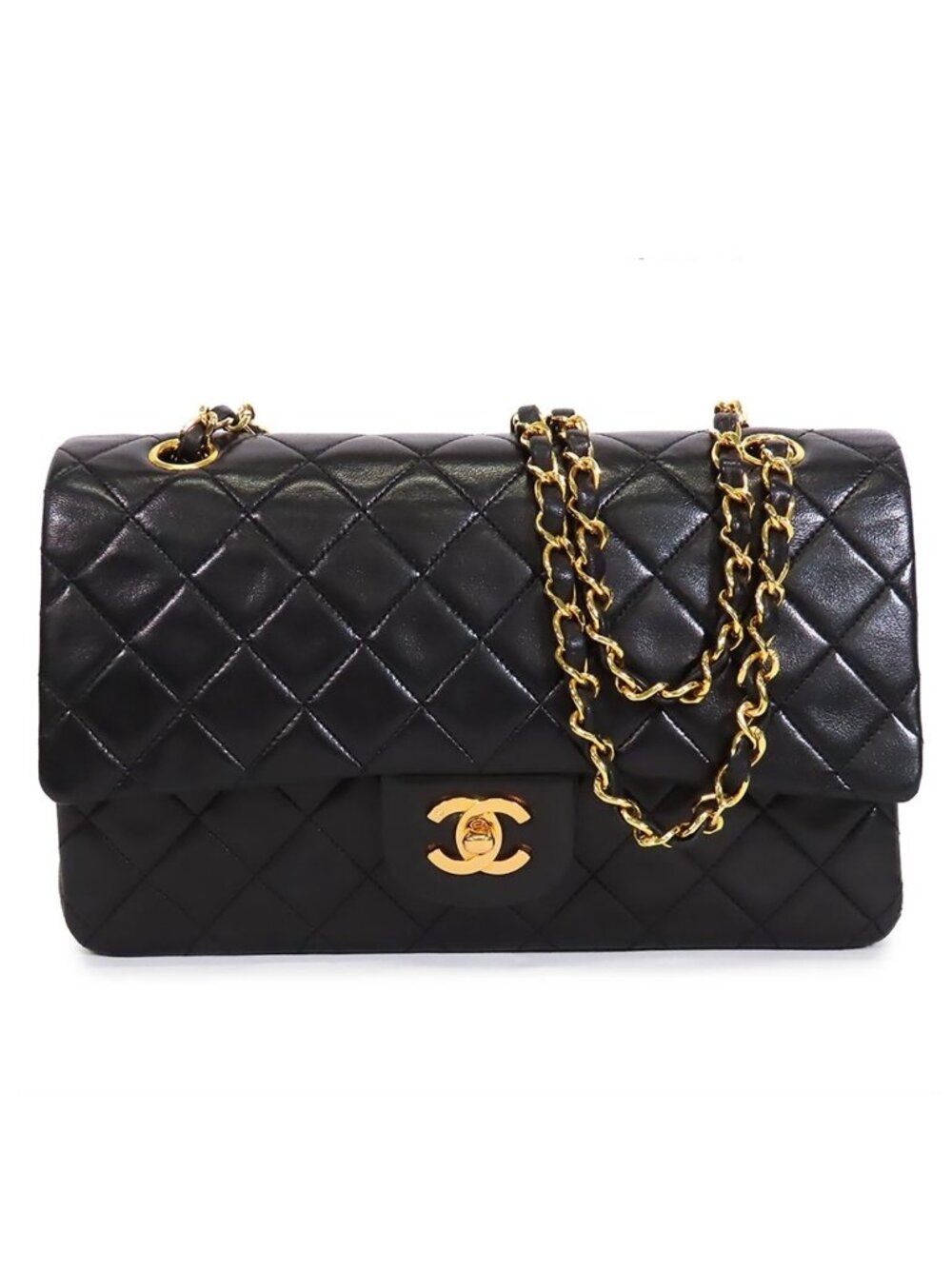 Chanel Chain Black Gold Lambskin Quilted 25 Double Flap Shoulder Bag